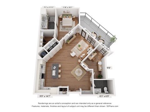 A 3D floor plan of a house with a living room, kitchen, and two bedrooms.